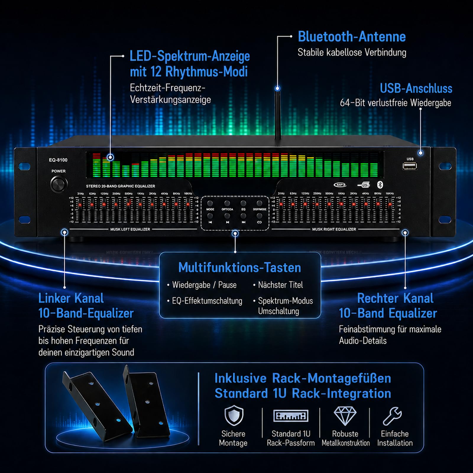 ‌Ecualizador de Sonido Digital 31 Bandas con Bluetooth 5.3 – Ecualizador HiFi Profesional con Pantalla LED de Espectro, Entrada Óptica/Coaxial/RCA/USB para Estudio, Cine en Casa y DJ‌