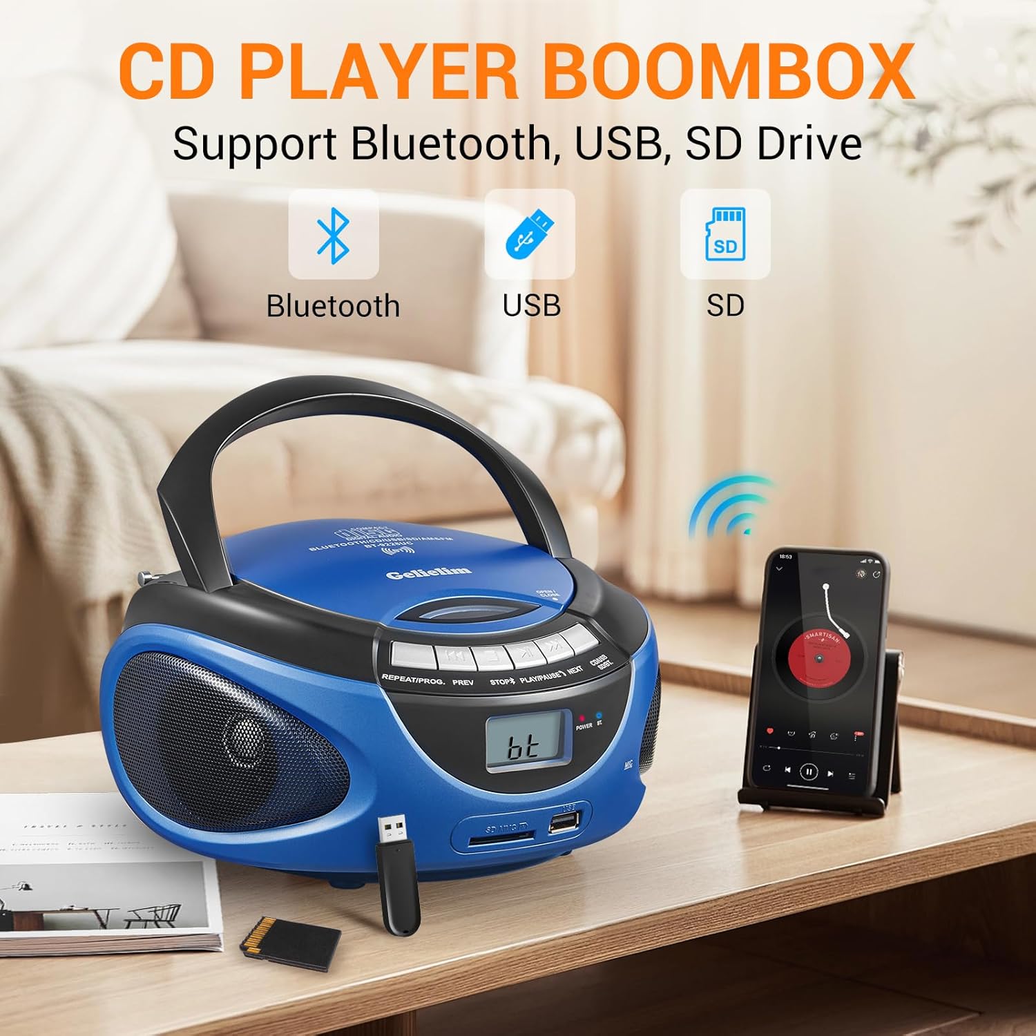 Gelielim CD Player Boombox highlighting connectivity options