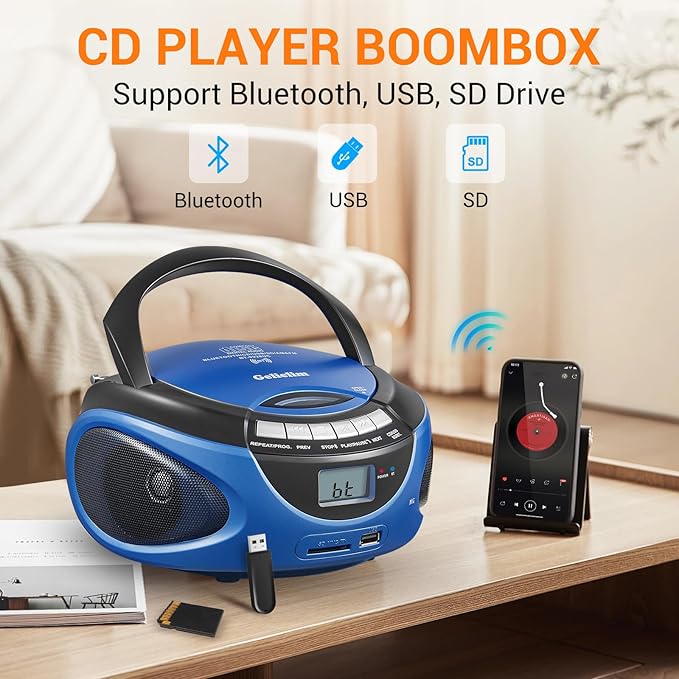 Reproductor CD portátil Boombox Bluetooth radio AM FM azul miniatura 4