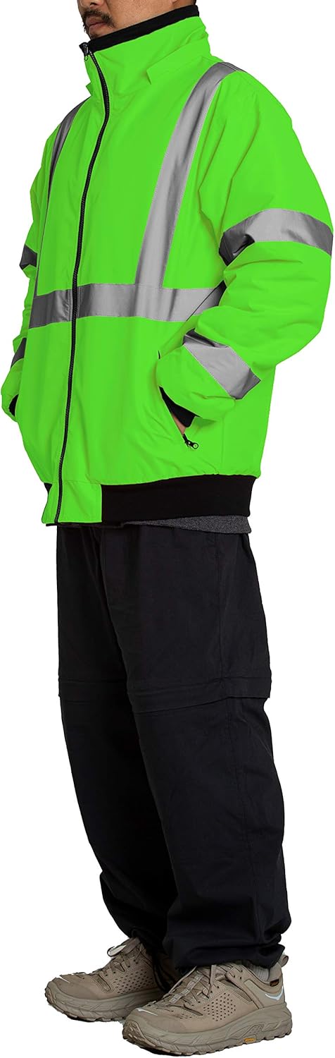 Best Cyber Deals 🔥 Fitscloth Men’s High Visibility Jacket – Reflective Safety Work Hoodie Full Zip Up Fleece Insulated Detachable Hood Bomber S101_36 Green M