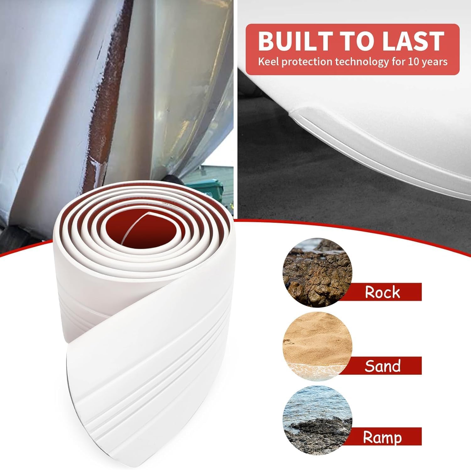 Keel Guard for Fiberglass Boat Bass Aluminum Boats, Boat Keel Protector Guard Hull Protector Shield Protects from Rocks Ramps Scratches Damage, Self-Adhesive DIY 6.5 feet, White