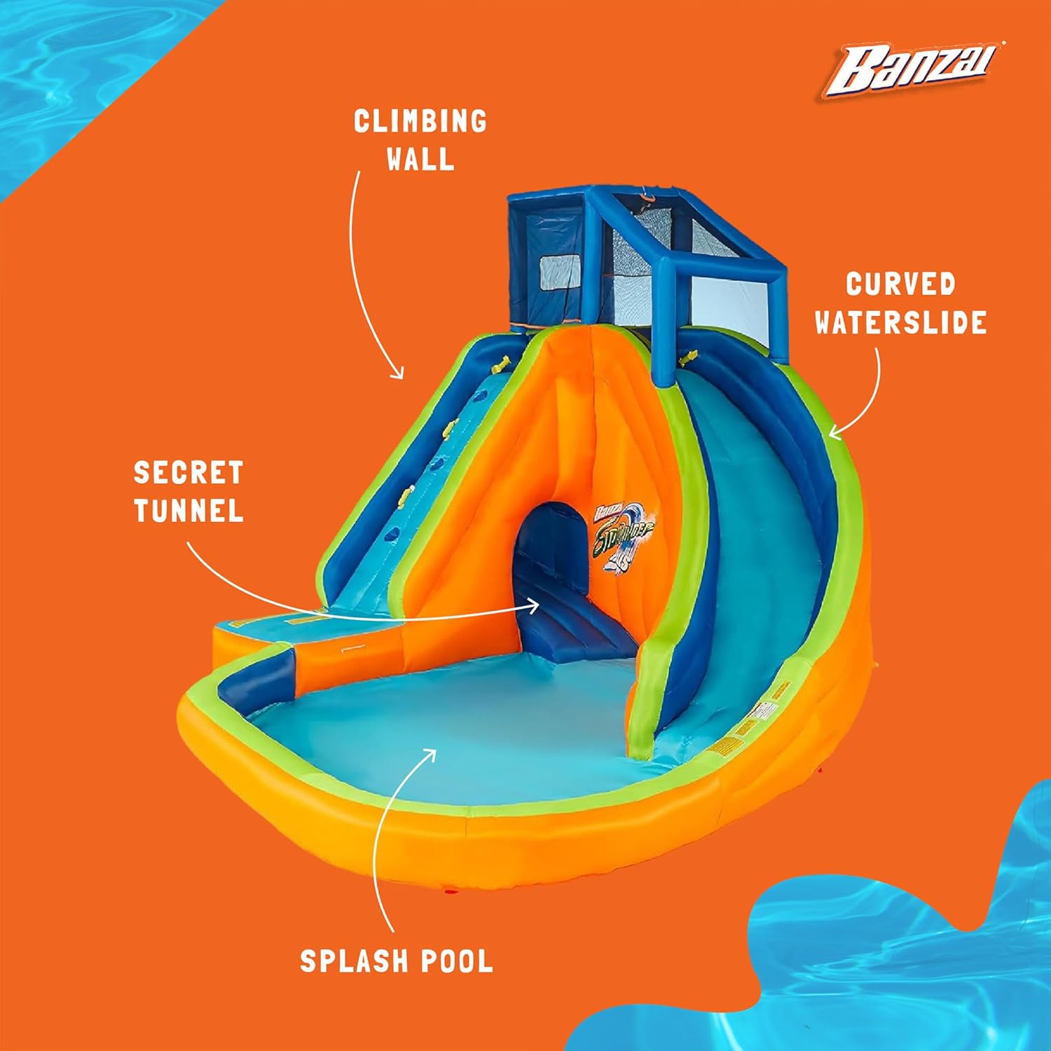 Banzai Sidewinder Falls Water Slide, Heavy Duty Inflatable Backyard Water Park w/Waterslide, Splash Pool & Sprinklers, for Kids Ages 5-12, Multicolor