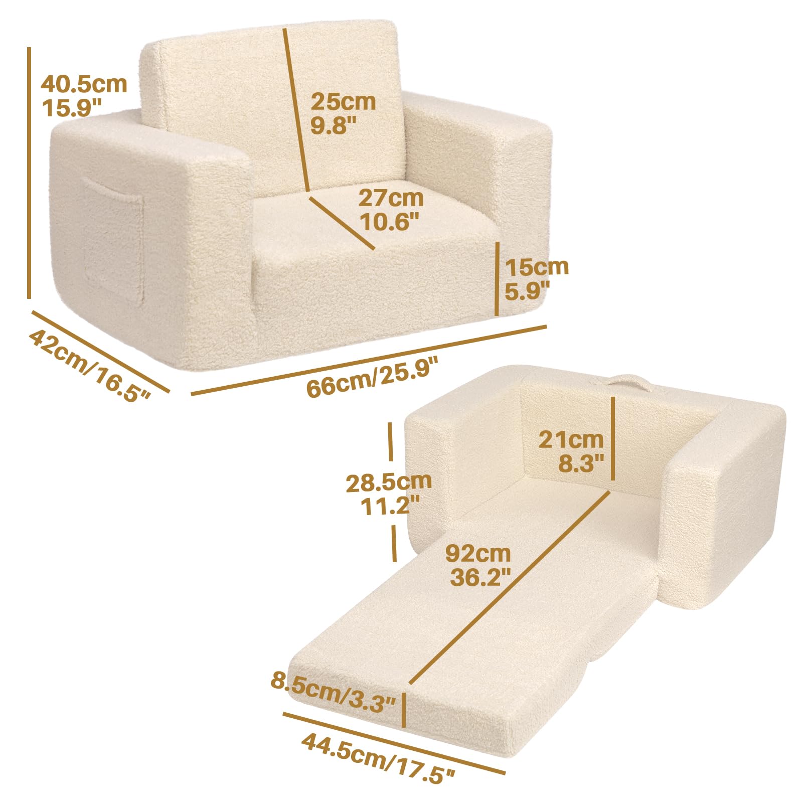 BEJOY Kindersofa Aufklappen 2-in-1 Schlafsofa, Kindersessel, Teddyfell Kinder Couch Sofa Ausklappbar für Kinderzimmer Kindertags- und Geburtstagsgeschenk für Mädchen und Jungen, Hellbeige
