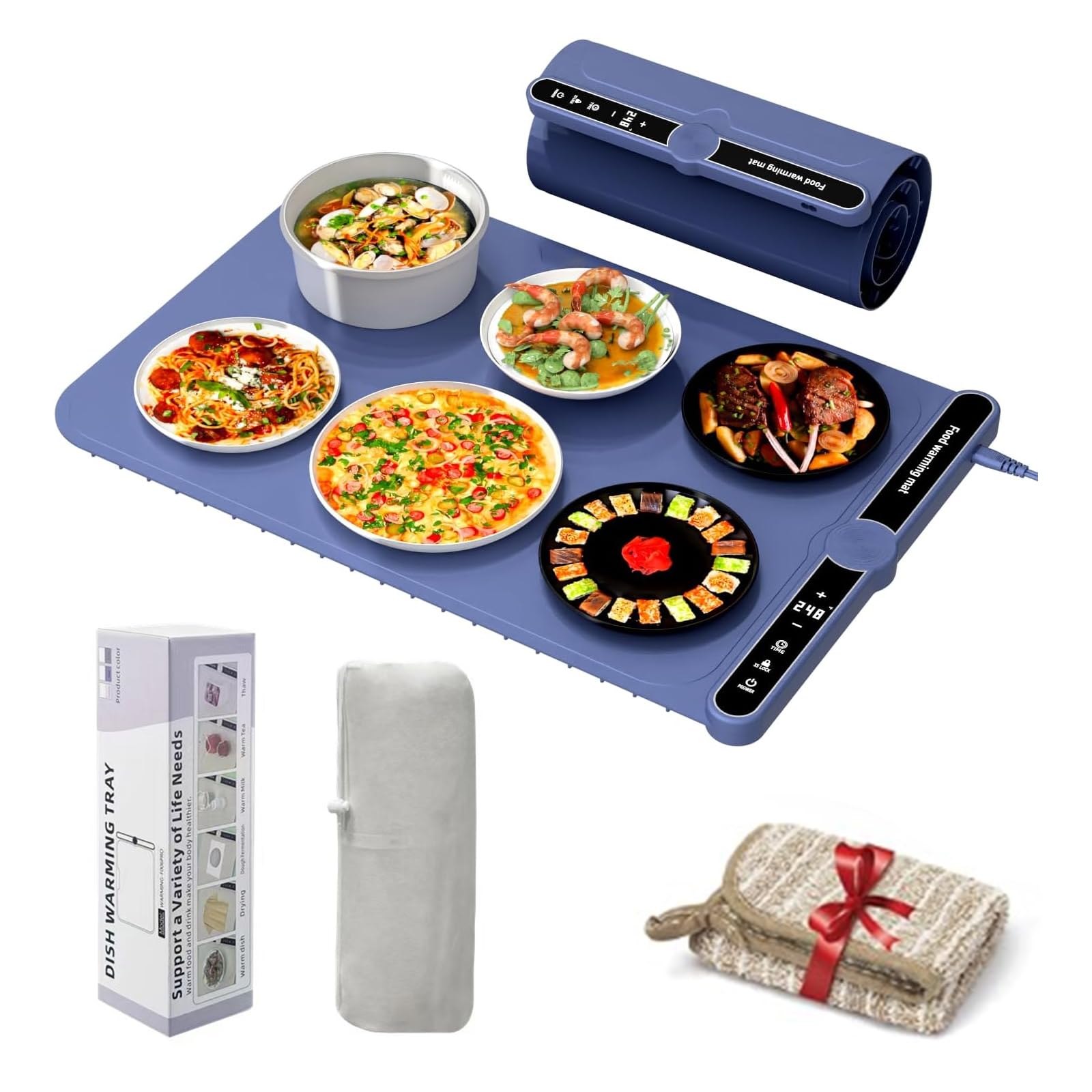 Food Warming Mat,Electric Warming Tray with 9 Gear Temperature Controlled and 6 Gear Timed,Auto Shut-Off,8S Full Surface Heating,Rollable & Portable Heating Tray for Buffets Party Gatherings(Blue)