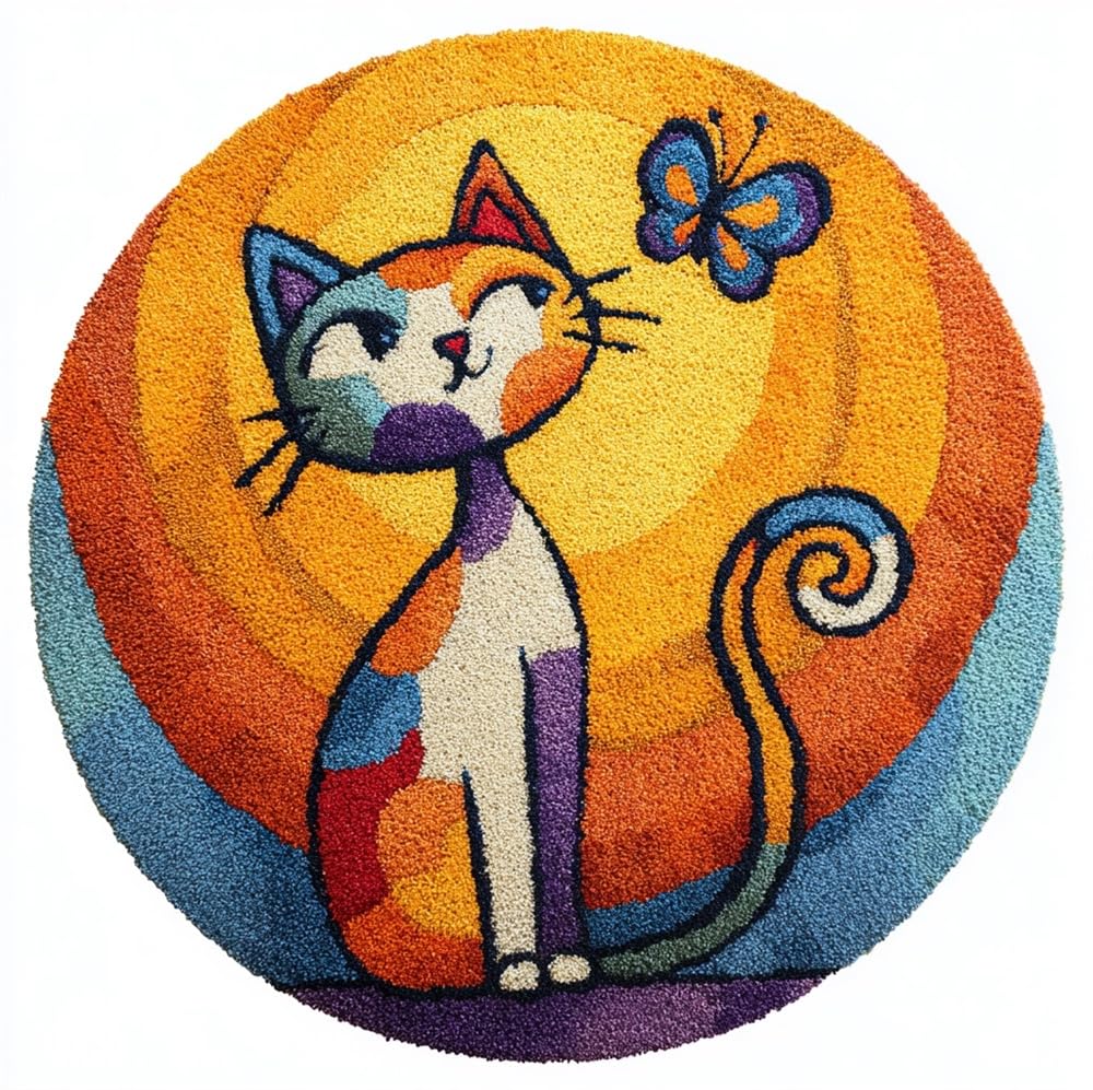 kitphoenix Round Latch Hook Kit Cat and Butterfly