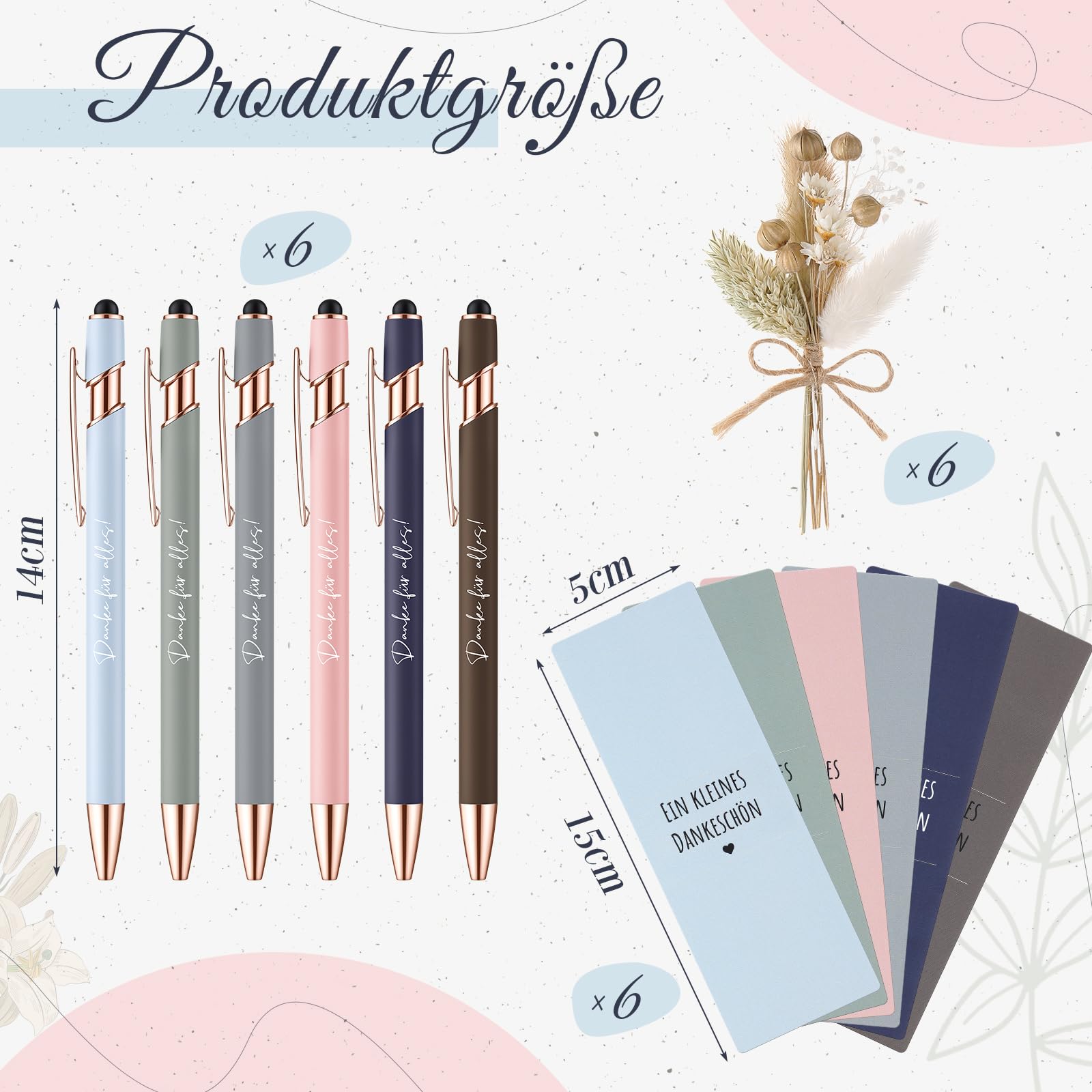 Hestya 6 Sets Ein Kleines Dankeschön Geschenke für Kollegen Lehrerin Enthalten 6 Touchscreen Kugelschreiber mit Gravur 6 Echtem Trockenblumenstrau 6 Stifthalter für Abschiedsgeschenk Abschluss