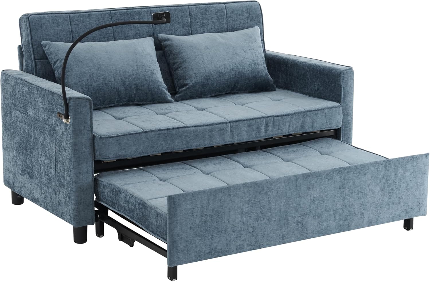 HABITRIO 56.9" Loveseat Sofa Pull-Out Sofa Bed, Sleeper Sofa with a Reversible Backrest Cushion, Side Pockets, Two USB Ports and a Phone Holder for Living Room, Blue