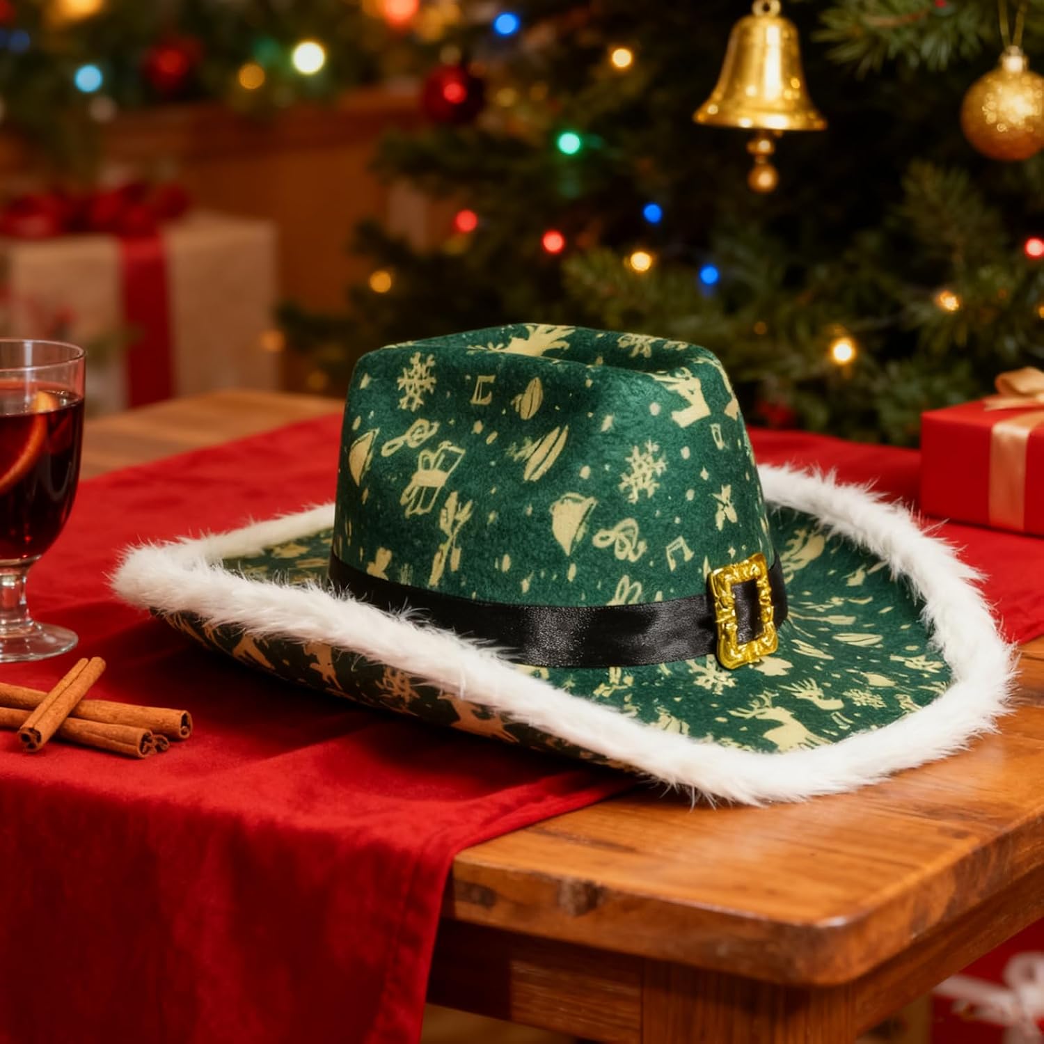 Christmas Cowboy Hat with Feather Western Cowgirl Hats Wide Brim Fedoras Hat with Belt Buckle Multicolor