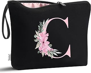 A-Z Personalized Makeup Bag, Birthday Gifts for Women Mom, Gifts for Best Friend, Bride Bridesmaid Cosmetic bag (C, Black)