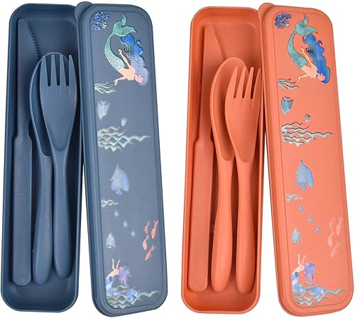 Juego de 2 utensilios reutilizables con estuche, tenedor portátil para acampar, tenedor, cuchara, cubiertos, utensilios de viaje de paja de trigo,