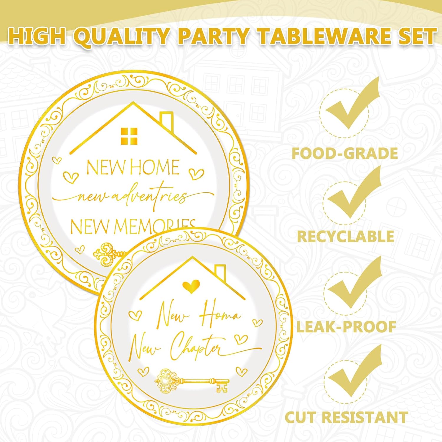 House Warming Decoration Party - 96Pcs Champagne Gold New Home Plates and Napkins Sets for New House Celebration, Moving in Decor, Wedding, Open House image 3