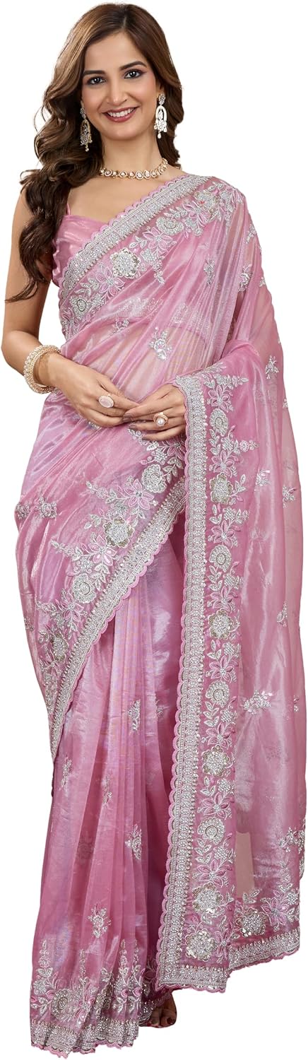 TRENDMALLS Women's Net Embroidery Sequence Work Saree With Unstitch Blouse Piece (K1157-LightPink)