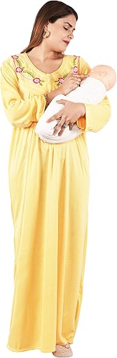 Women's Baby Feeding Printed Full Sleeves Maternity Nighty with Both Side Chain Nightdress Maxi | Size-Large, V Shaped Nec...