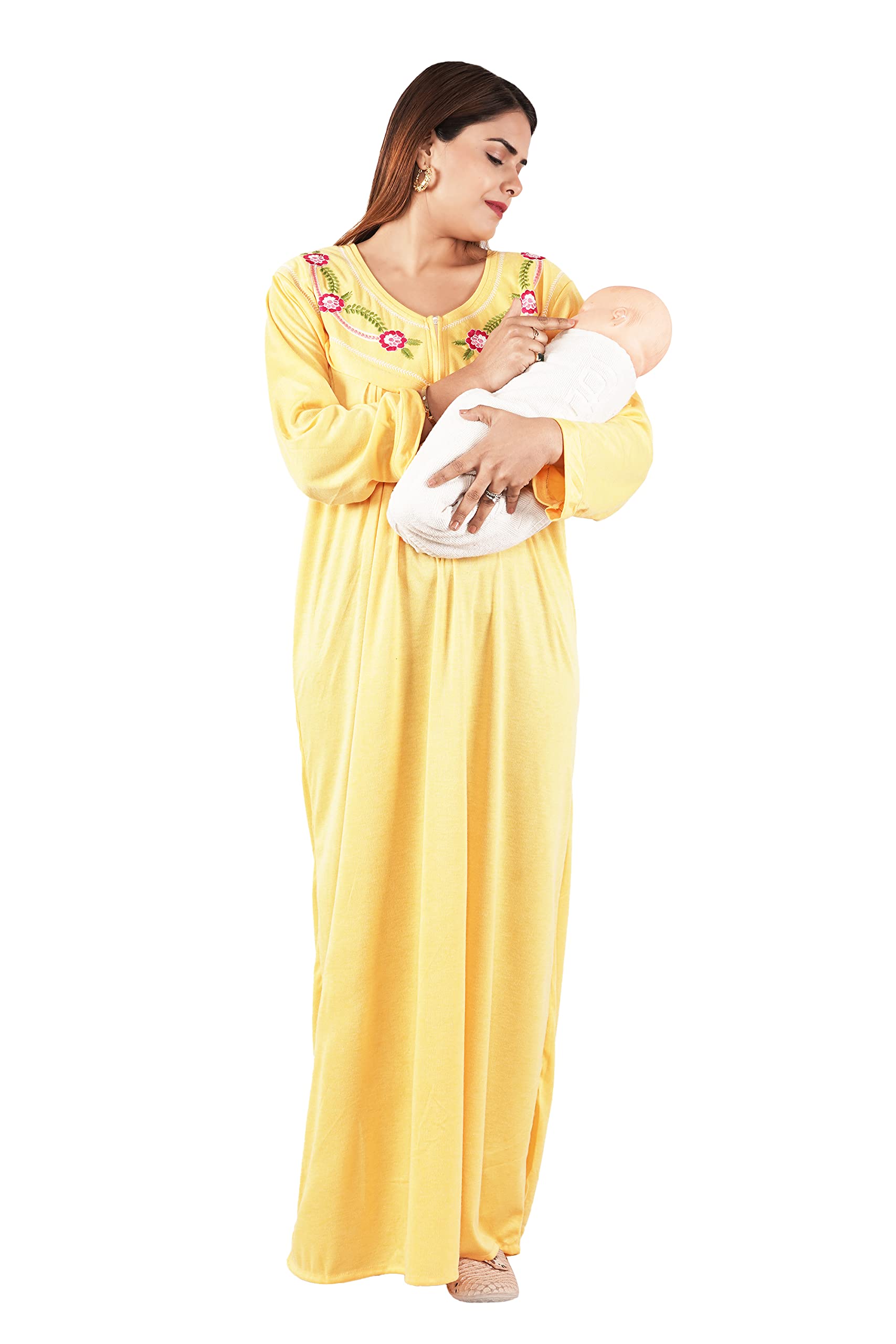 Women's Baby Feeding Printed Full Sleeves Maternity Nighty with Both Side Chain Nightdress Maxi | Size-Large, V Shaped Neck (Article-FD-069) Yellow-image-2