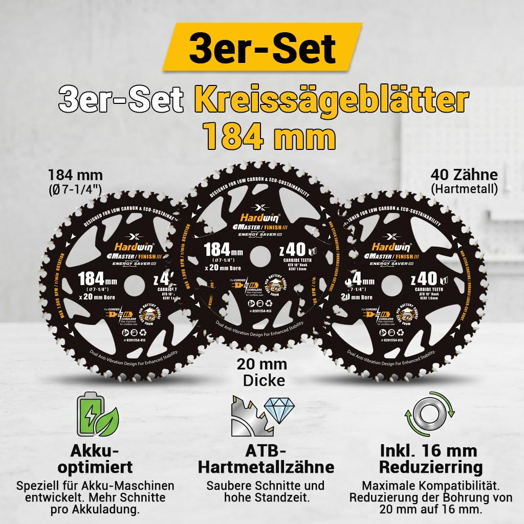 3 lame per sega circolare per legno, 184 x 20/16 mm, 40 denti, TCT, taglio sottile da 1,6 mm, design leggero, per seghe circolari a mano a batteria e macchine vecchie
