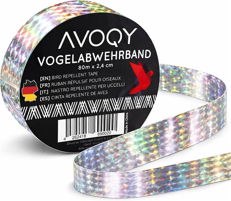 AVOQY - Vogelabwehr Band Reflektierend [1er Set] Flatterband [80m x 2,4cm] Taubenabwehr Vogelschreck für Garten Balkon Obstbäume Pflanzen Schutz