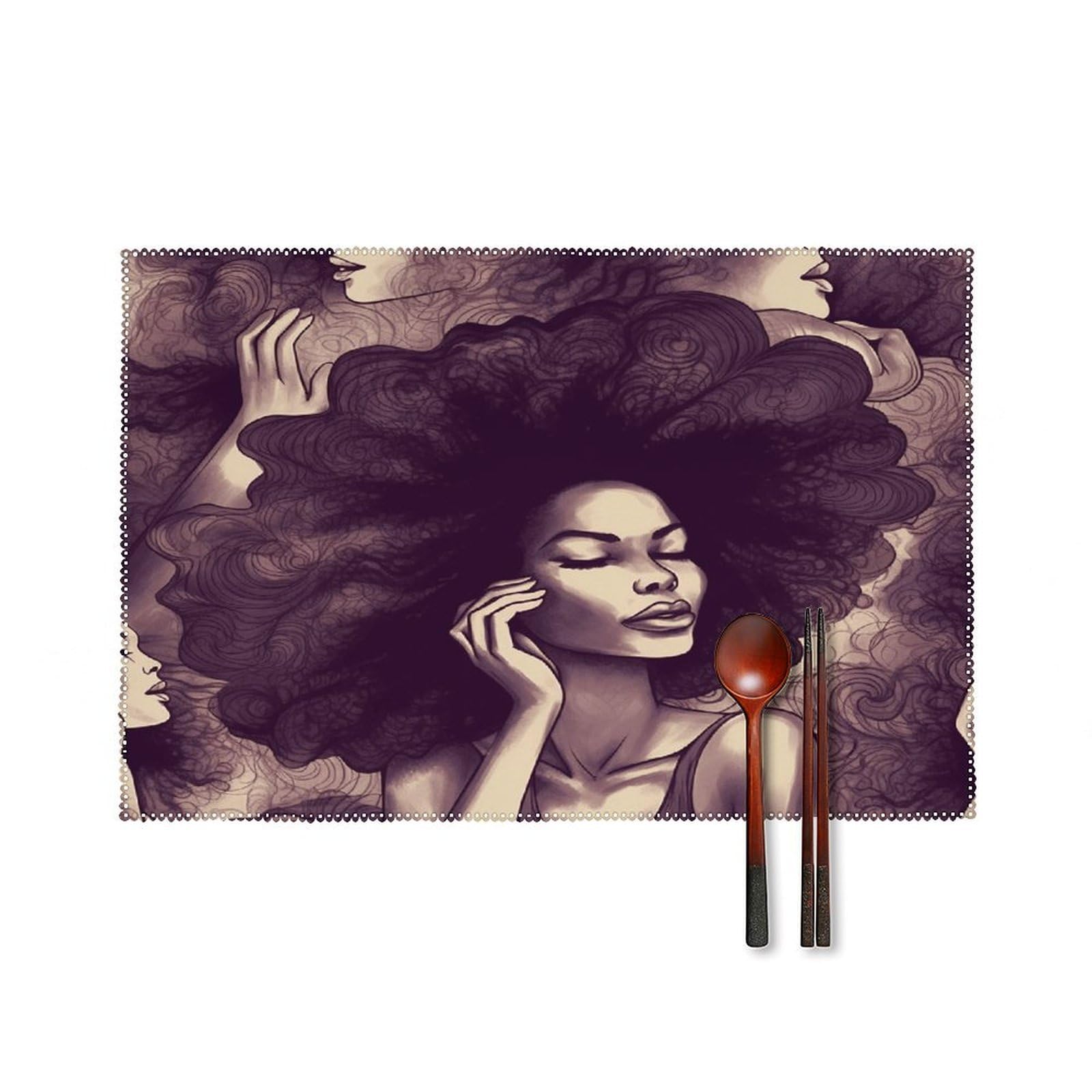 African Hair Black Women Placemats Set of 6 Non-Slip Stain Resistant Indoor Outdoor Table Mat Washable Cloth Place Mat Fashion Kitchen Placemat for Dining Table Decoration 17.7x11.8 in