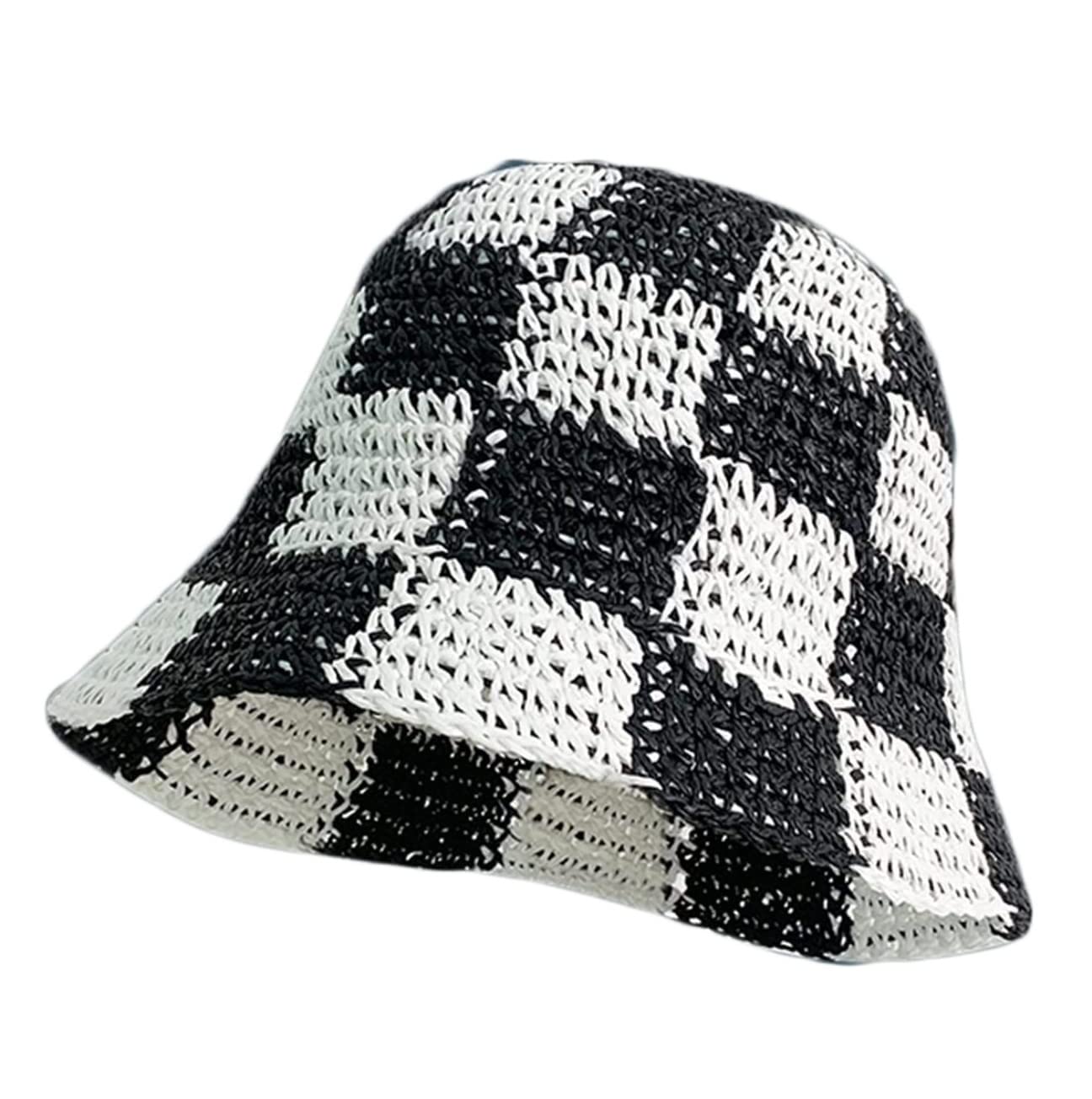 MRKU Chapeau de Plage d'été pour Femme, crocheté à la Main, à Bords Courts, Style pêcheur, en Paille ajourée.