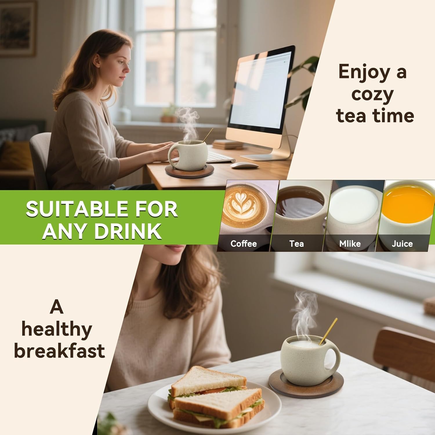 Ceramic Coffee Mug Set with Natural Wood Saucer & Spoon - 8.5 Oz Elegant Tea Cups for Latte, Hot Tea, Cappuccino, Milk - Microwave & Dishwasher Safe Cups for Men Women Birthday Christmas Gifts - Image 5