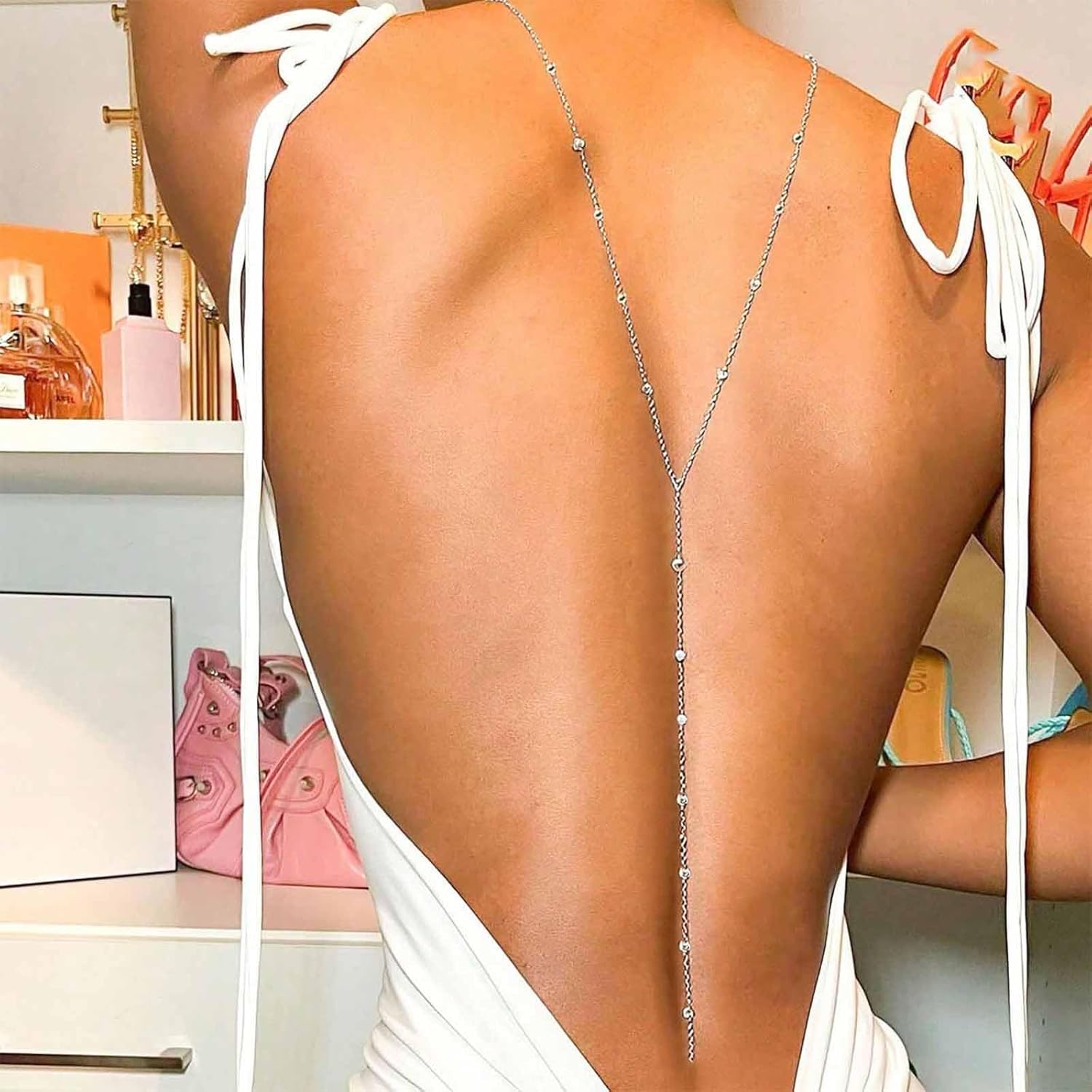 Vintage Gold Bead Back Chain Necklace Ball Chain Y Back Necklace Minimalist Y Back Necklaces Long Y Lariat Necklaces Wedding Bridal Body Chains Summer Beach Backless Dress Jewelry for Women - Image 2