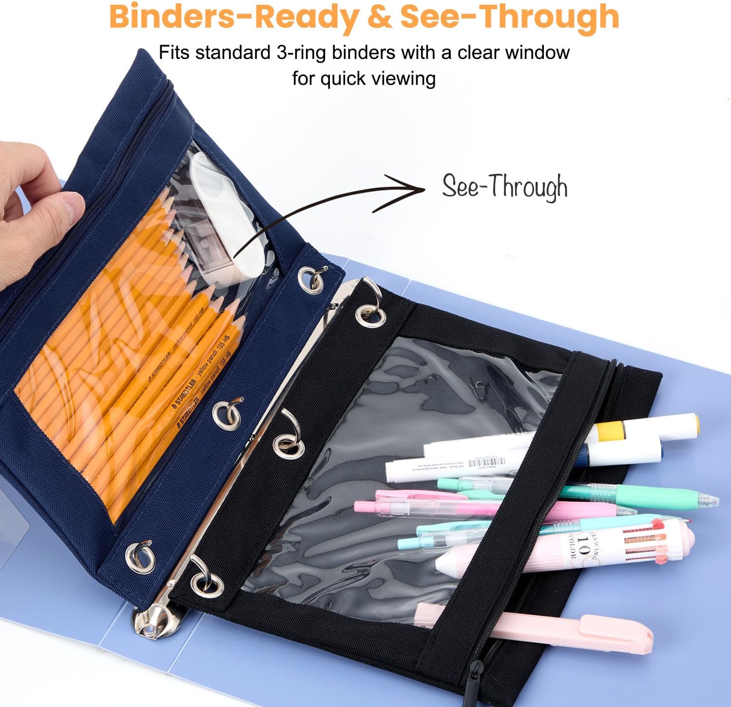 3 Ring Binder Pencil Pouch, Durable Pencil Case for School Supplies, Classroom Must Haves, 3-Hole Design Fits Binders, Zipper Closure, Ideal for Students/Back to School Dusty Blue image 3