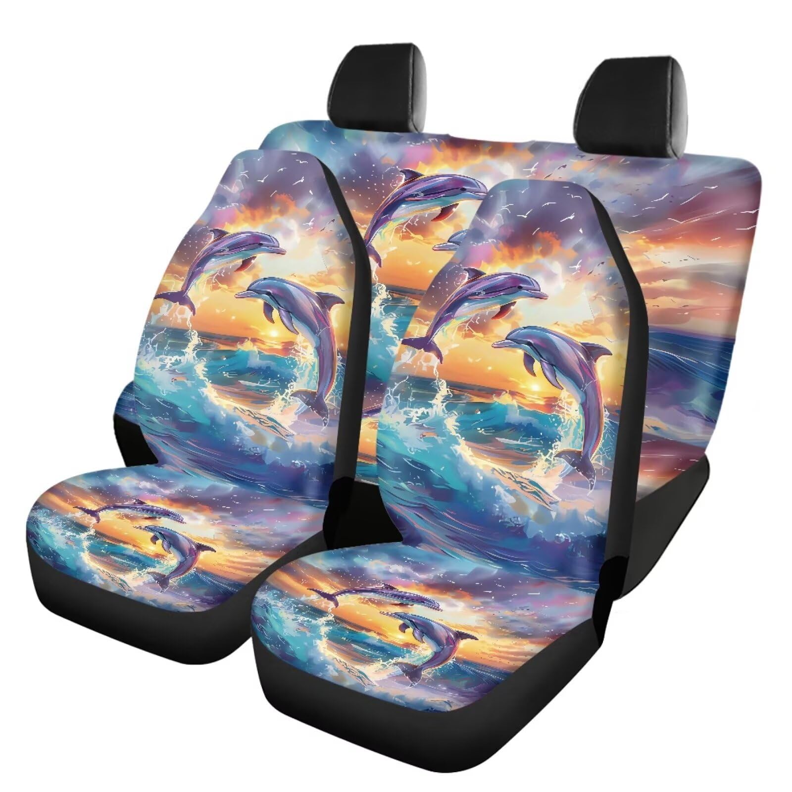 Guevoxuh Sunset Glow Dolphin Sea Pattern Car Seat Covers Full Interior Set 4 Packs Anti-Slip Front and Rear Seat Covers Car Interior Decoration