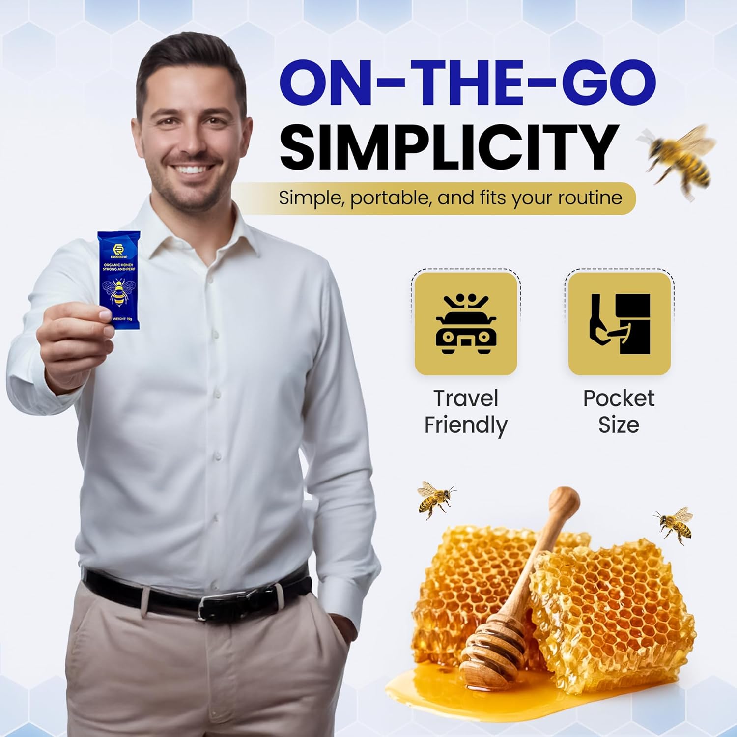 Honey Packets Supplement with Ginseng Mix - Performance Enhancing Blend for Men's Vitality and Stamina. Natural Recipe with Ginseng and Vitamin C. 10 Easy-Use Sticks