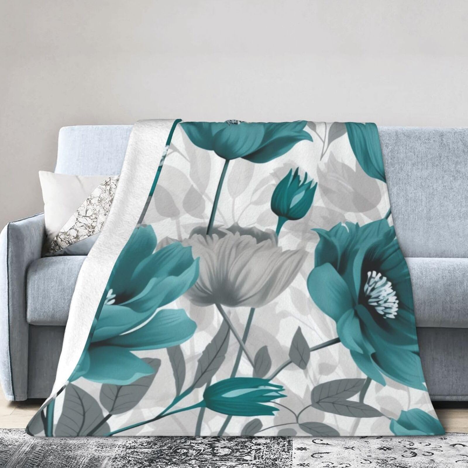 Couverture micro polaire flanelle bleu sarcelle et blanc à motif floral pour lit et canapé