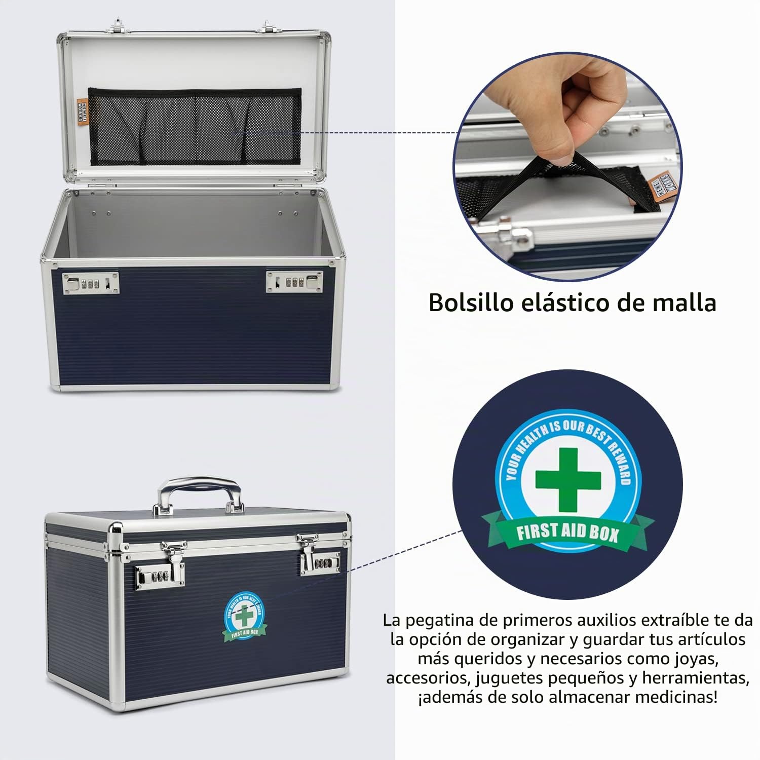 Caja de medicamentos con combinación, caja de almacenamiento de medicamentos con cerradura, caja de primeros auxilios vacía, organizador médico (blue, large)