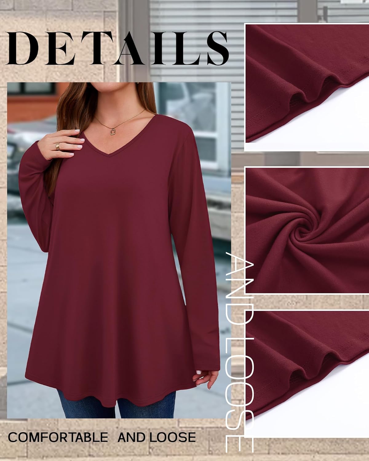 3 Pack Women's Plus Size Tunic Tops V Neck Long Sleeve Shirts Loose Fit Casual Flowy Tees with Leggings - Image 4