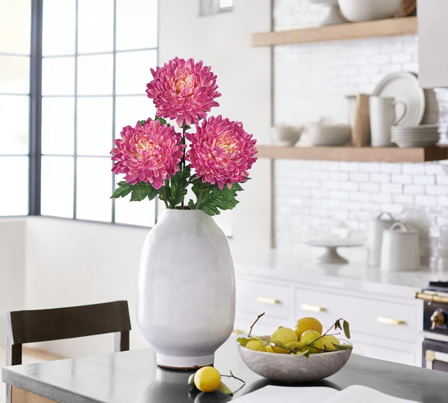 Hollyone 3Pcs Fake Mums Flowers Pink Artificial Chrysanthemum Flowers Silk 30" Long Stem Floral Arrangements Bouquets Faux Spider Mum Flower Pincushion Flower Bush Spring Home Decor - Image 5