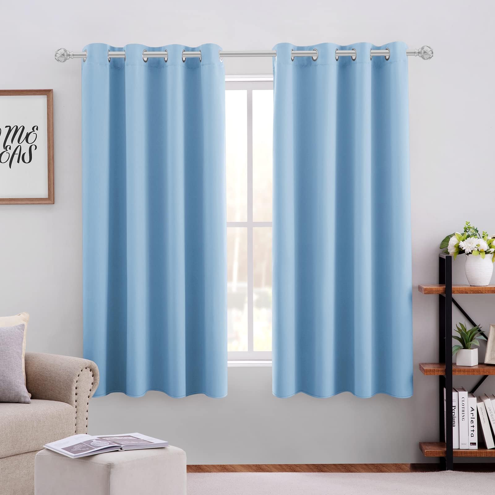 HOMEIDEAS Blackout Curtains for Bedroom 52 X 63 Inch 2 Panels Baby Blue Room Darkening Curtains, Soundproof Thermal Grommet Window Curtains for Living