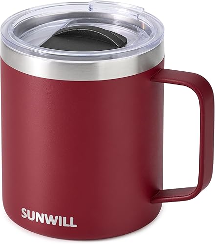 Vista 22 de SUNWILL Taza de café aislada con tapa, vaso de viaje con asa, taza de acero inoxidable de 14 onzas para campamento, oficina, hogar, recubrimiento