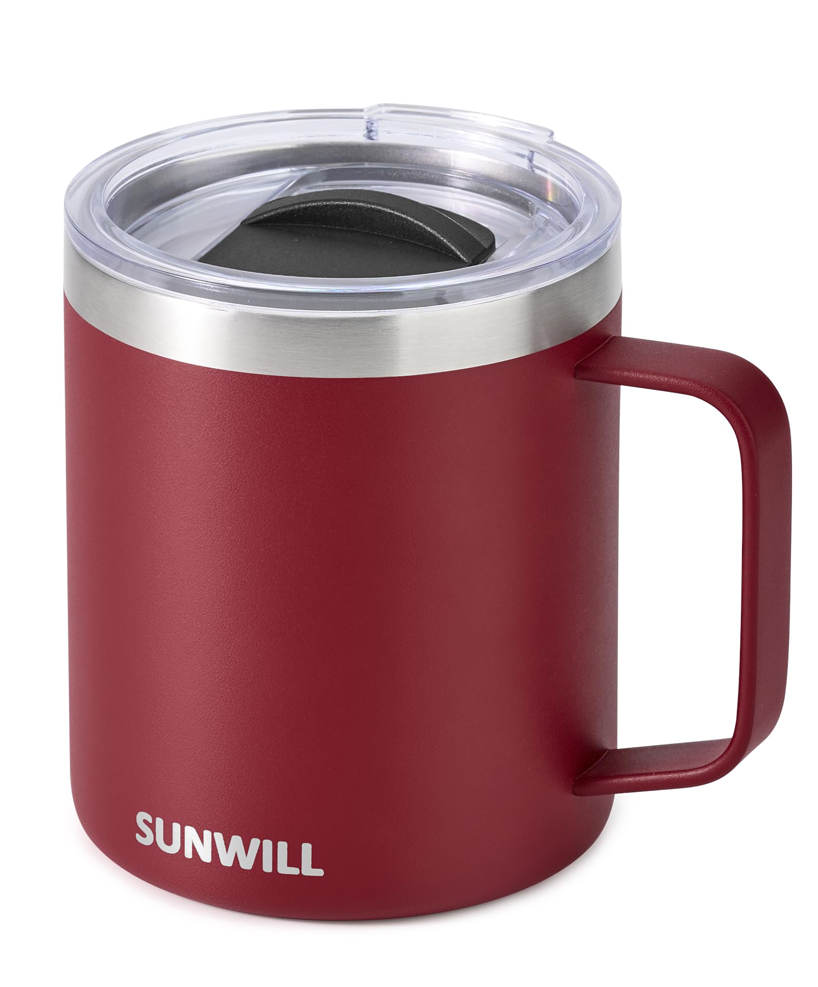 SUNWILL Travel Coffee Mug with Lid, Insulated Tumbler with Handle, 14 oz Stainless Steel Cup for Ice, Water, Tea, Powder Coated Wine Red