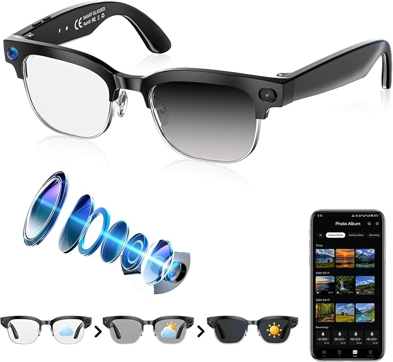 lentes inteligentes AI con cámara, EIS 4K, traducción en tiempo real | Reconocimiento de objetos AI, parlantes abiertos, asistente de voz AI, llamadas Bluetooth, resistencia al agua IP66, lentes fotocromáticas
