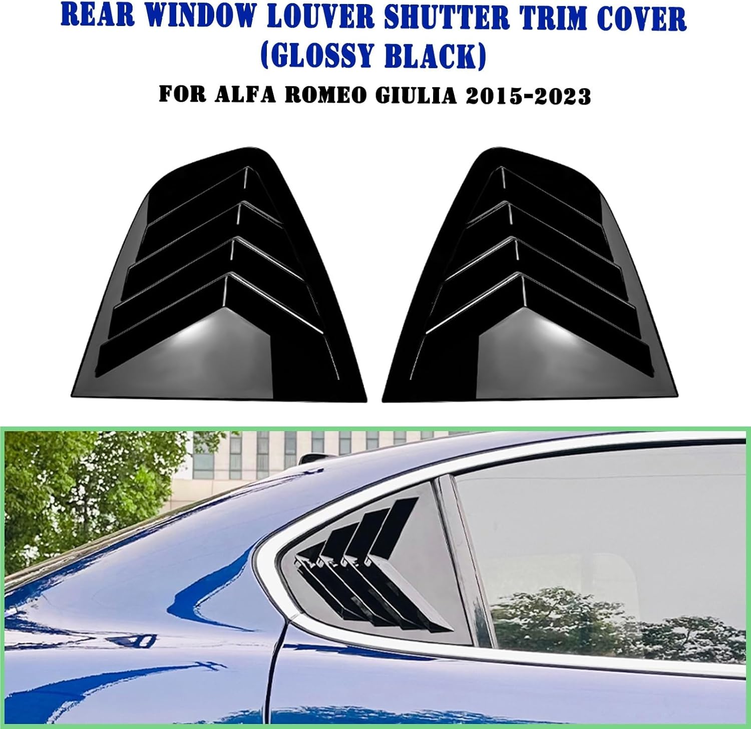 for Alfa Romeo Giulia 2015-2024 Rear Side Window Louver Shutter Trim Cover Carbon Fiber Look/Gloss Black Windshield Sun Shade(Glossy Black)
