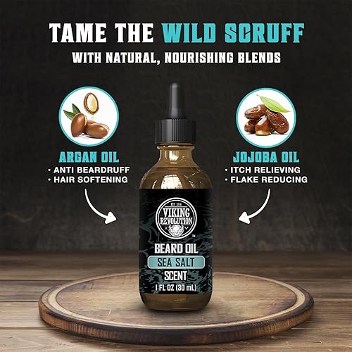 Vista 99 de Viking Revolution Aceite de barba de sándalo para hombres, aceite natural para barba con aceite de argán y aceite de jojoba, suavizante de barba