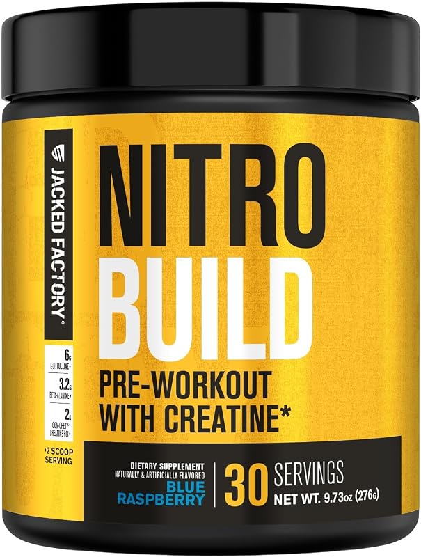 Jacked Factory Nitrosurge Build Pre Workout with Creatine for Muscle Building - Con Cret Creatine Powder & elevATP for Intense Energy, Powerful Pump, & Endless Endurance - 30 Servings, Blue Raspberry