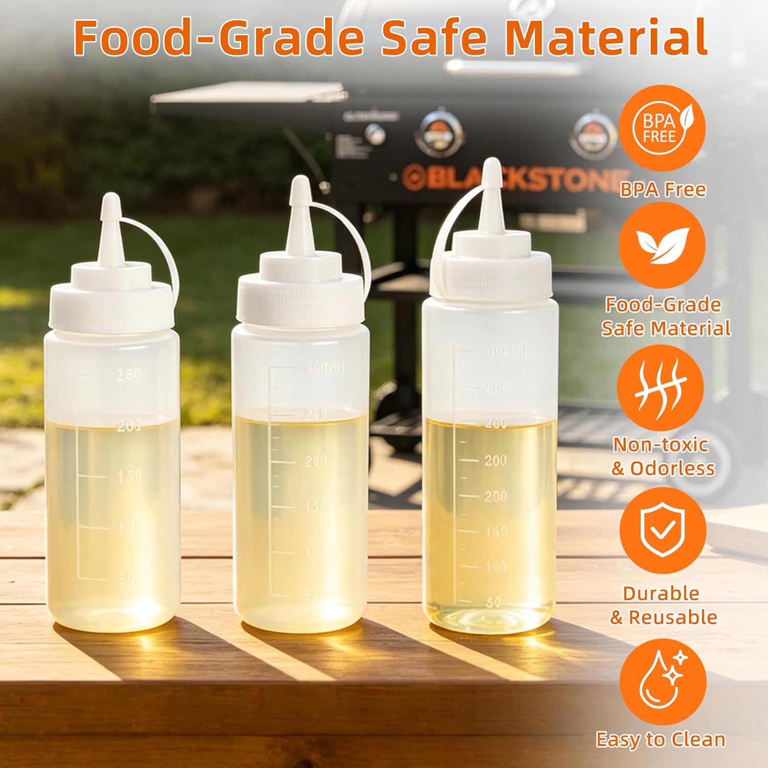 Squirt Bottles For Blackstone Grill, 3 Pack Clear Plastic Condiment Bottles with Measurement Marks, Leak-Proof Caps for Water, Oil, Sauces, BBQ Griddle Accessories