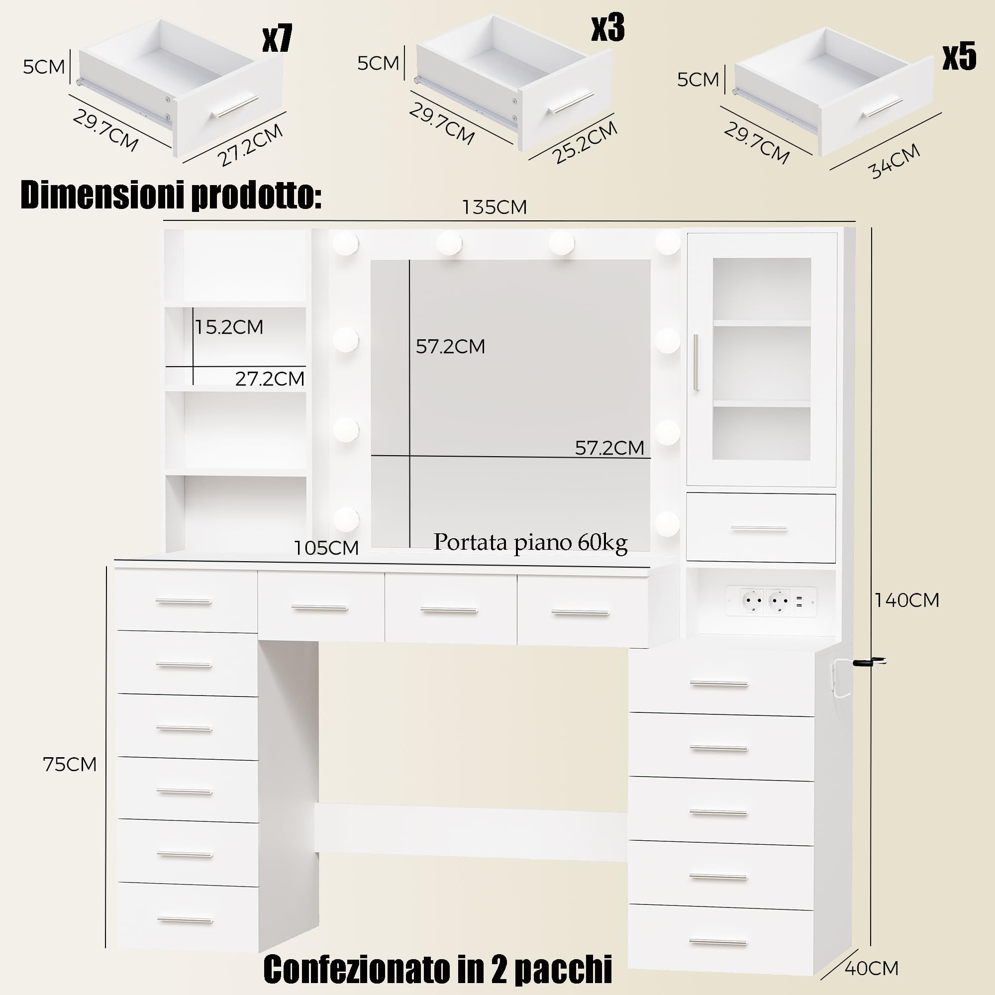 ANWBROAD Grande Toeletta con Specchio e Luci, Luminosità Regolabile, Bianco | Toeletta Trucco con Prese, Tavolo da Trucco con 15 Cassetti e 7 Ripiani Aperti per Camera da Letto Postazione Trucco BDT37W