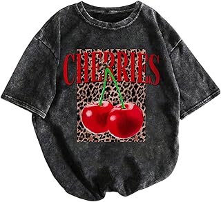 Women's Retro Washed Graphic Tees Short Sleeve Leopard Cherry Summer Top...
