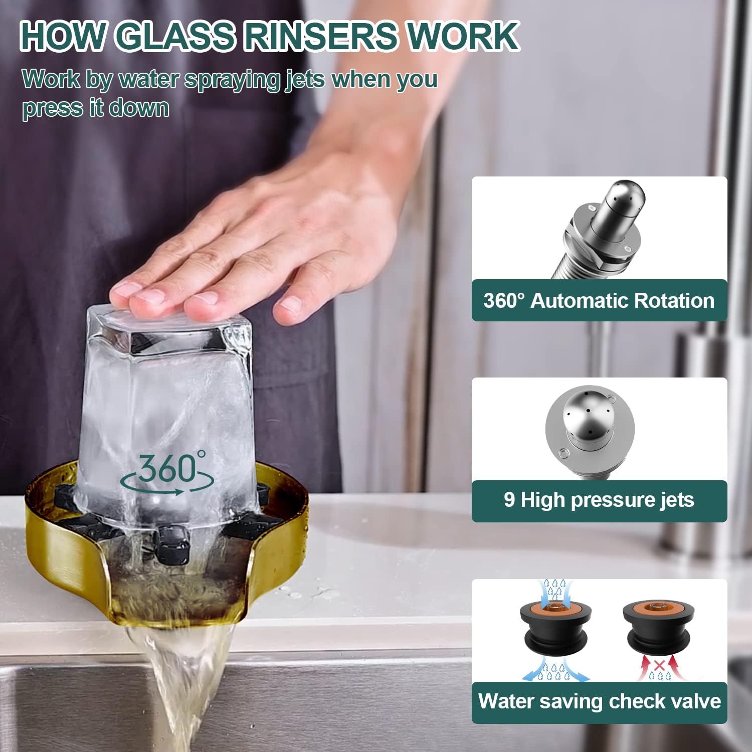 Glass Rinser for Kitchen Sink, FONTOP Cup Washer with 360° Rotating Jet, Faucet Bottle Washer Cup Cleaner Sink Attachment for Home Bar Countertop(Brushed Gold)