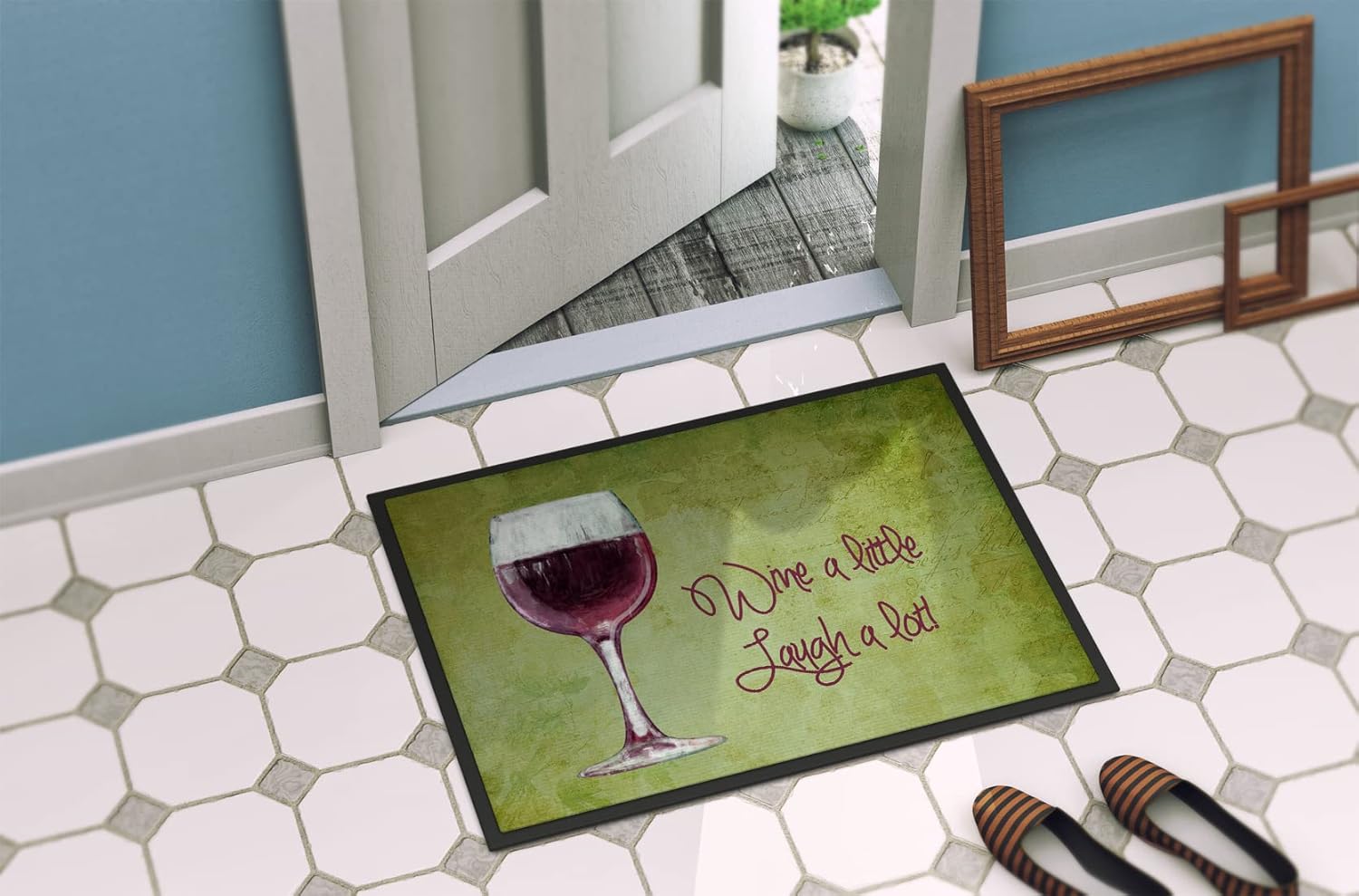 Caroline's Treasures SB3067MAT Wine a Little Laugh a lot Doormat 18x27 Front Door Mat Indoor Outdoor Rugs for Entryway, Non Slip Washable Low Pile, 18H X 27W