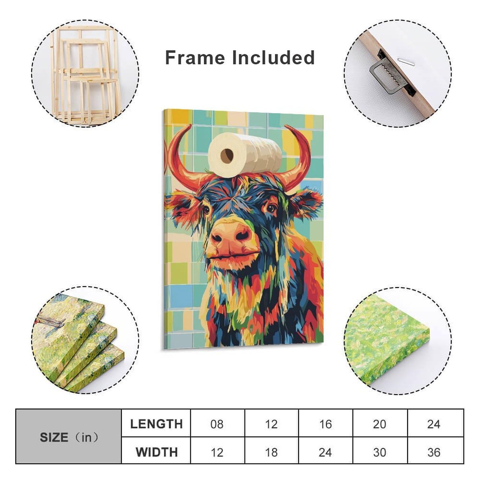 Junmoney Kunstdruck Auf Leinwand Colorful Cow with Toilet Paper Hat, 16x24inch(40x60cm), Für Wohnzimmer, Flur Oder Schlafzimmer, Leinwandbild Für Harmonische Raumwirkung