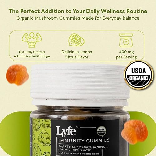 Miniatura 4 de LYFE Gomitas funcionales de hongos, sabor cítrico y limón (40 unidades)  Mezcla orgánica de cola de pavo y extracto de chaga para el bienestar