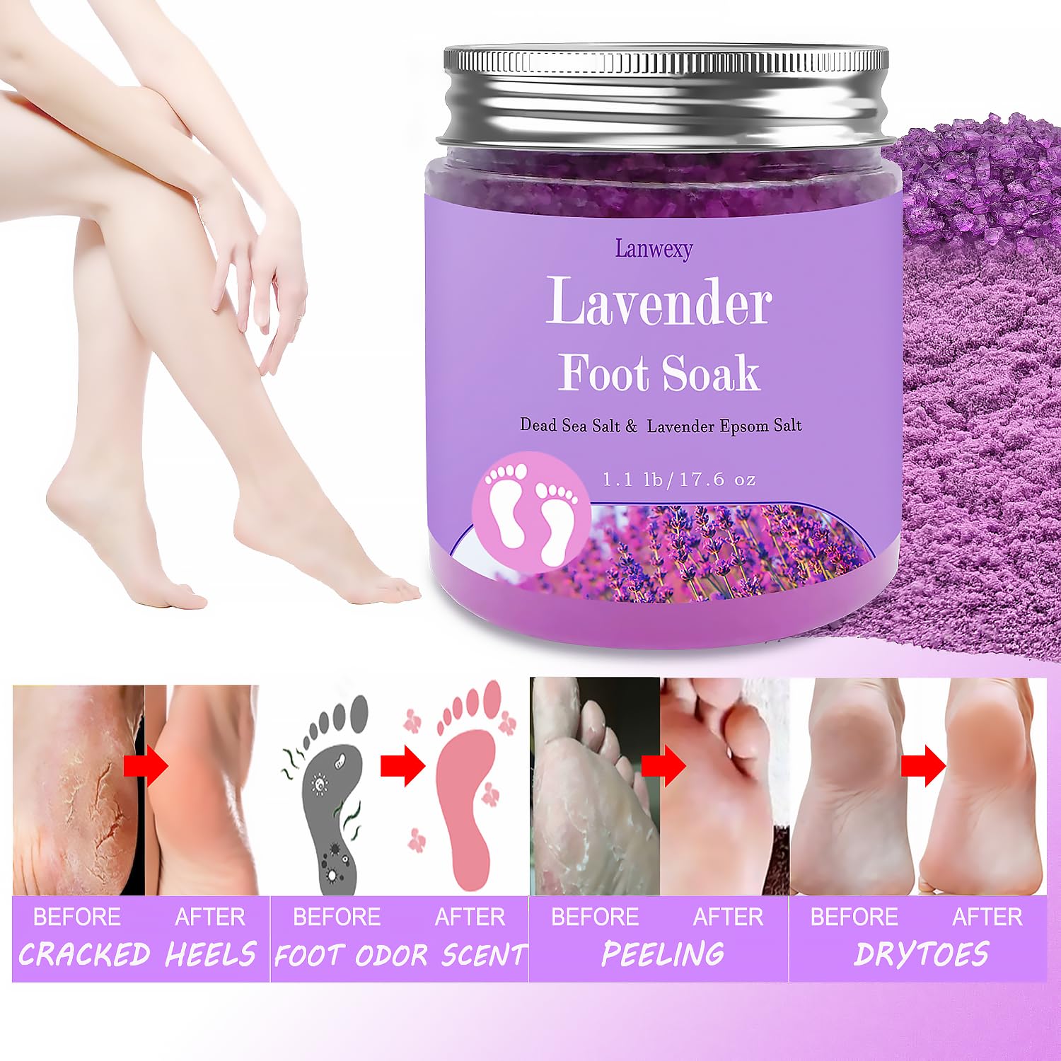 Lavender Foot Soak with Epsom Salt and Sea Salt. Organic Natural Handmade Spa Pedicure Care For Foot Callus, Dry Cracked, Tired Feet, Stubborn Foot Odor Scent.(1.1 Lbs?