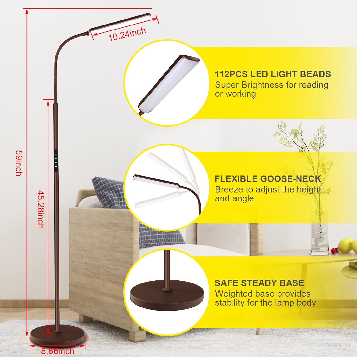 Dimunt LED Floor Lamp, Bright 15W Floor Lamps for Living Room, Adjustable 3000K-6000K & Brightness Standing Lamp with Remote & Touch Control, Reading Floor Lamps with 1H Timer for Home Office-Brown