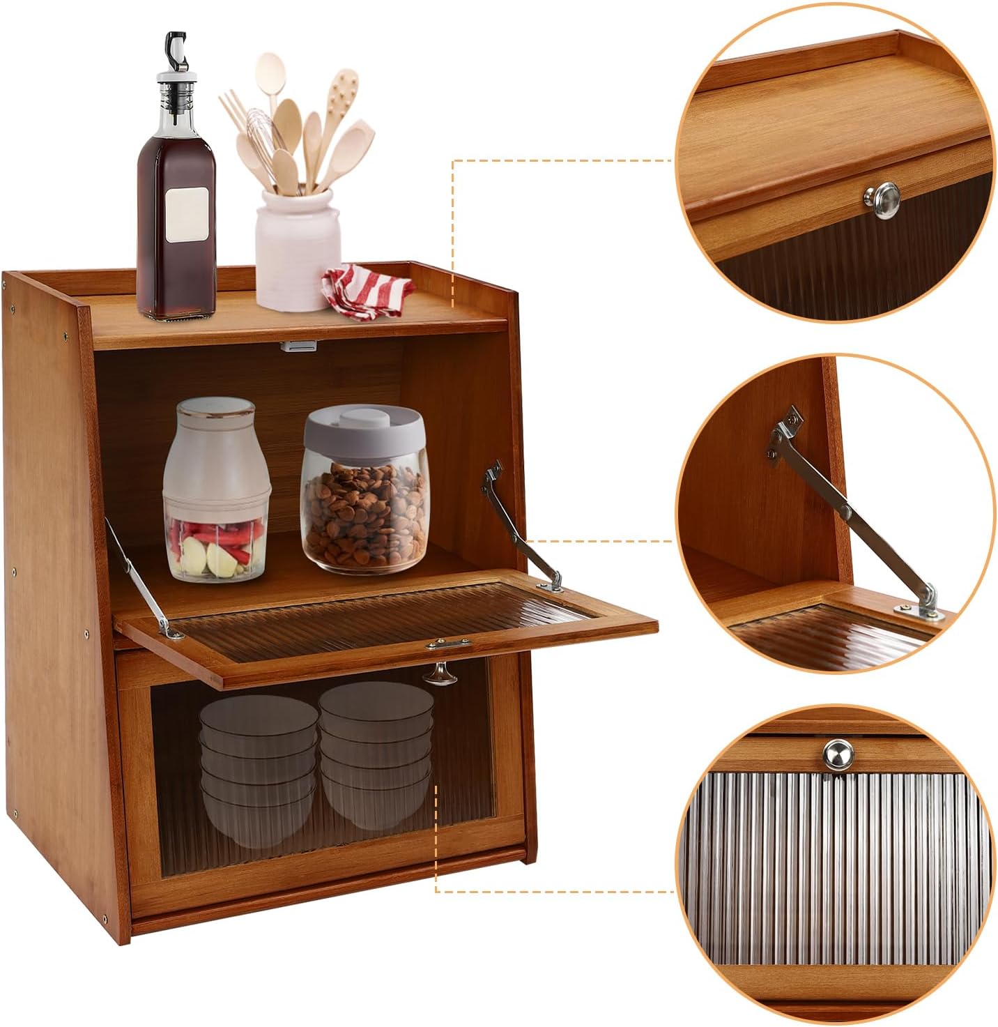 3-Tier Storage Cabinet with Doors, 40x28x50cm Bamboo Organizer for Kitchen Bathroom Bedroom, Modern Tabletop Cabinet (Dark Brown)