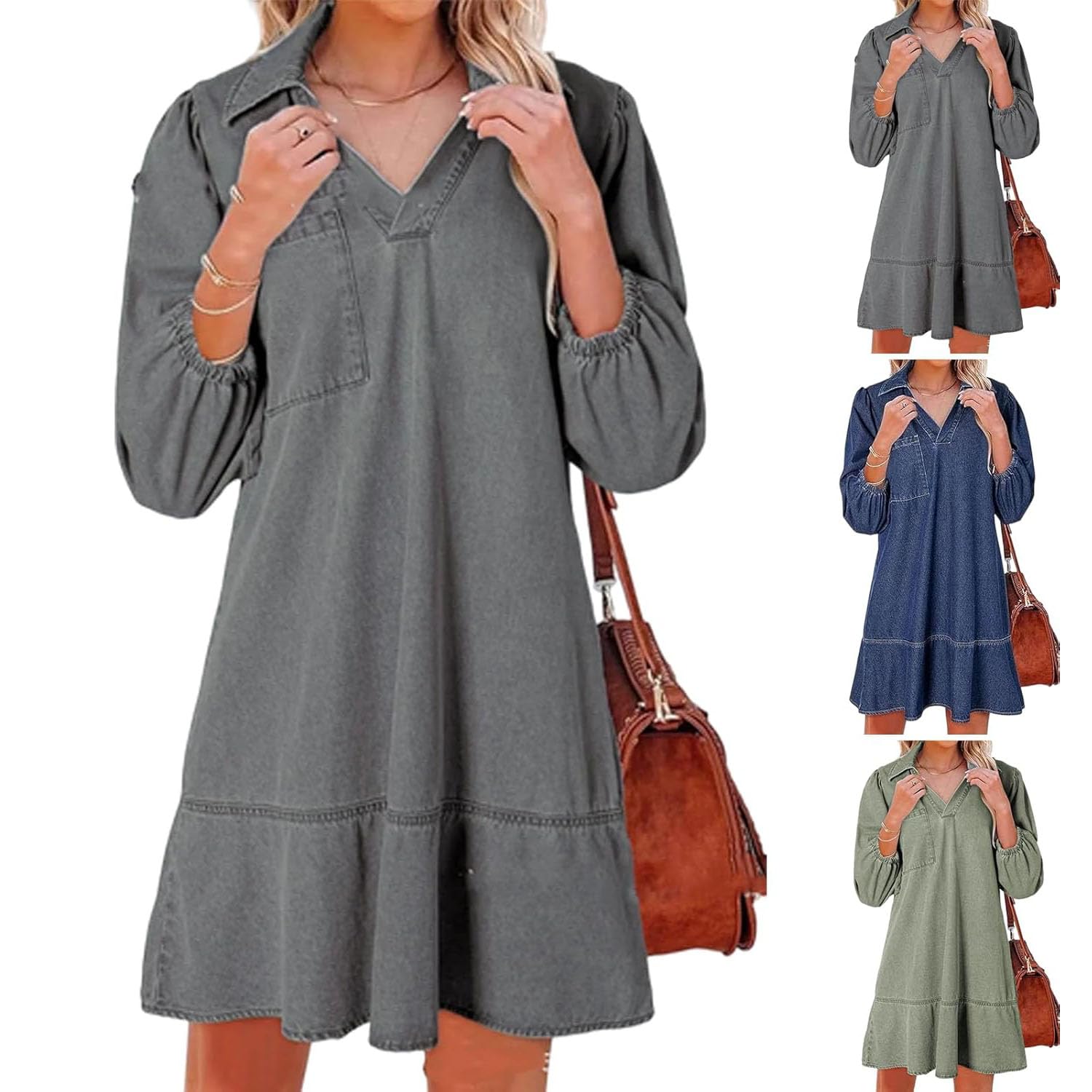 Vestido Vaquero con Capas, Cuello en V y Mangas abullonadas para Mujer, Vestidos Vaqueros con Volantes y Mangas 3/4, Vestido Vaquero Camisero Holgado de Verano con Bolsillos. (Grey,XL)