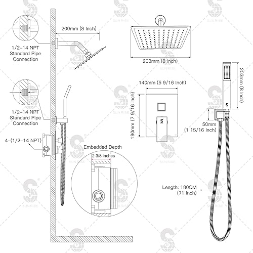 Miniatura 49 de SR SUN RISE Sistema de ducha - Juego de grifo de ducha con cabezal de ducha de lluvia de 8 pulgadas y ducha de mano - Sistema de ducha de lluvia
